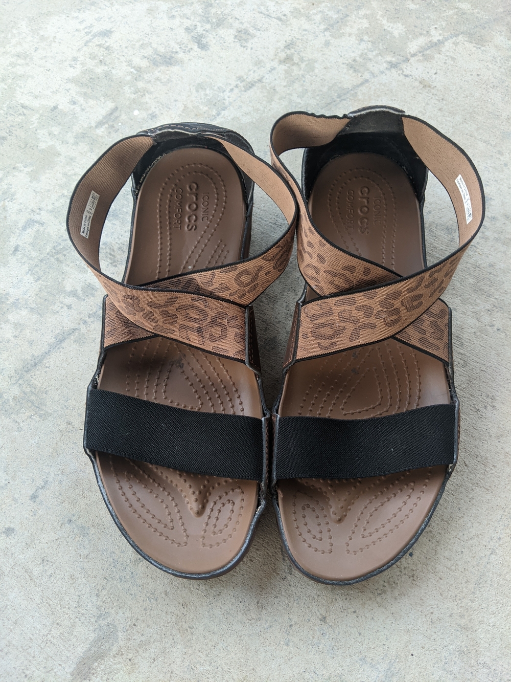 Crocs Brown Leopard Strap Sandals with Black Elastic